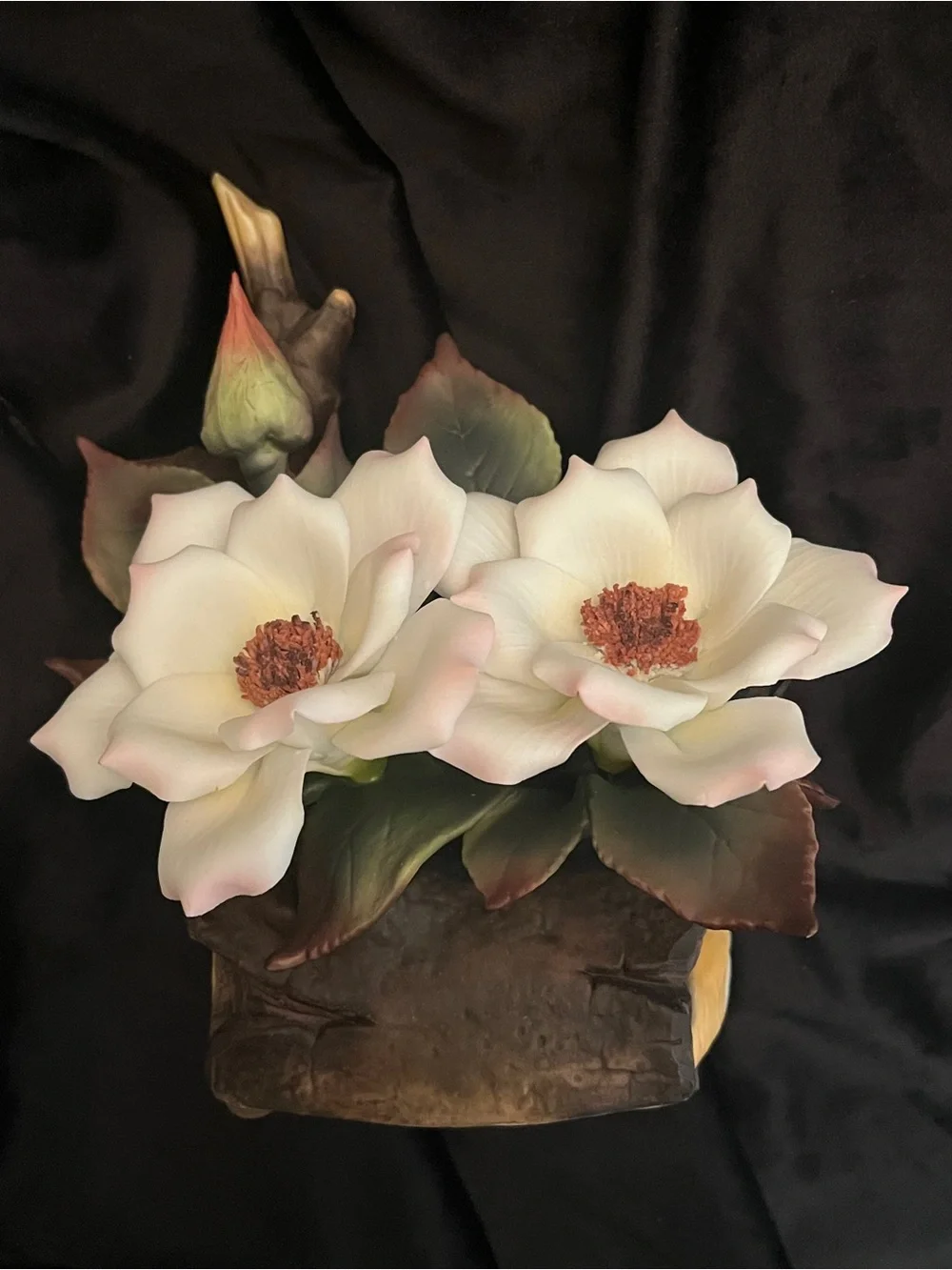Vintage Porcelain Magnolia Flower Music Box Tree Stump Floral Figurine